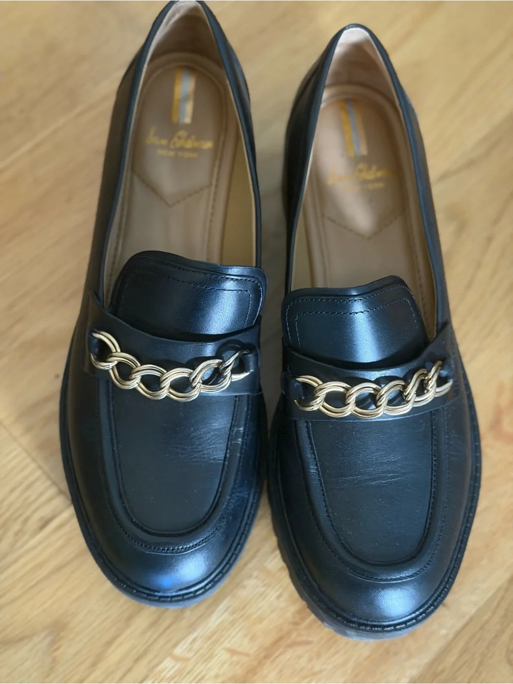 NWOT! Sam Edelman Taelor Black Leather Chunky Loafers with Gold Chain Accent